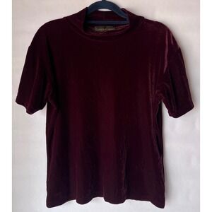 Classiques Entier Womens Burgundy Velvet Mock Neck Short Sleeve Top Size M USA